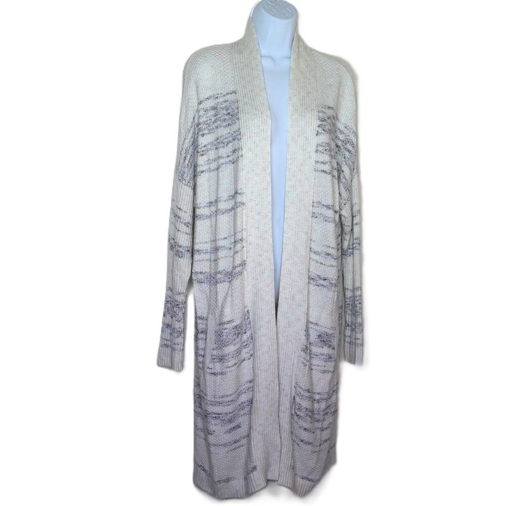 Pure Jill Long Cardigan Sweater Open Front White Blue Gray Pockets Stretch EUC M